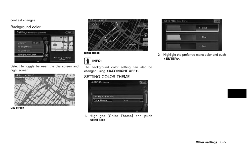 Setting color theme -5 | NISSAN 2015 Quest - Navigation System Owner's Manual User Manual | Page 161 / 241