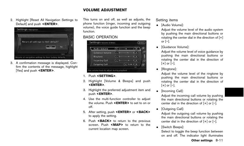 Volume adjustment -11, Basic operation -11 | NISSAN 2015 Quest - Navigation System Owner's Manual User Manual | Page 167 / 241