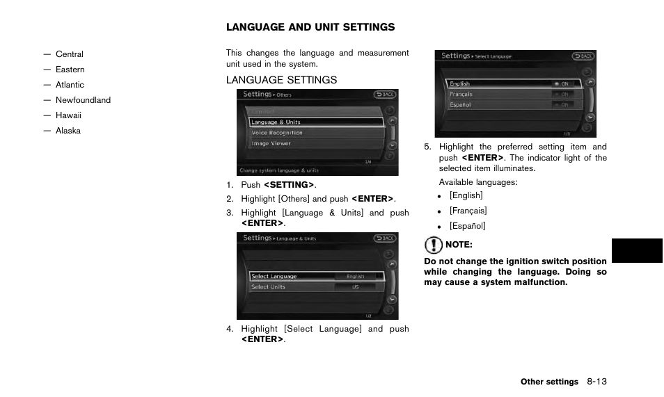 Language and unit settings -13, Language settings -13 | NISSAN 2015 Quest - Navigation System Owner's Manual User Manual | Page 169 / 241