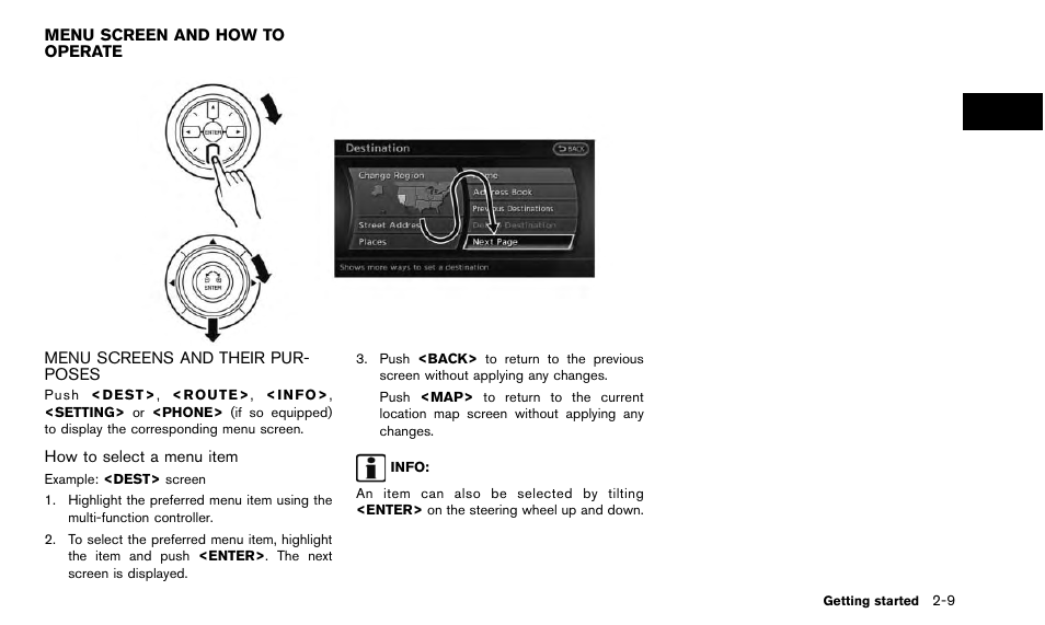 Menu screen and how to operate -9, Menu screens and their purposes -9 | NISSAN 2015 Quest - Navigation System Owner's Manual User Manual | Page 17 / 241