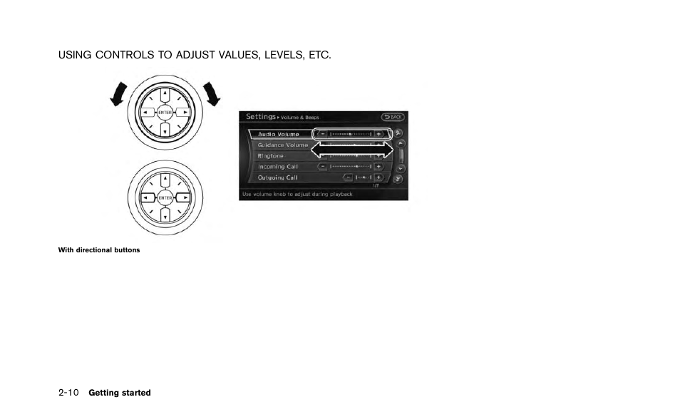 Using controls to adjust values, levels, etc -10 | NISSAN 2015 Quest - Navigation System Owner's Manual User Manual | Page 18 / 241