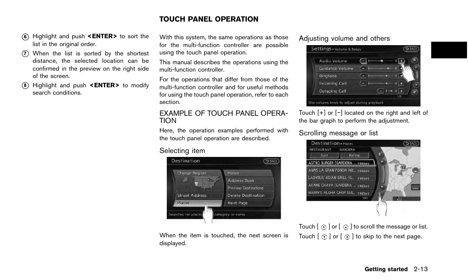Touch panel operation -13, Example of touch panel operation -13 | NISSAN 2015 Quest - Navigation System Owner's Manual User Manual | Page 21 / 241