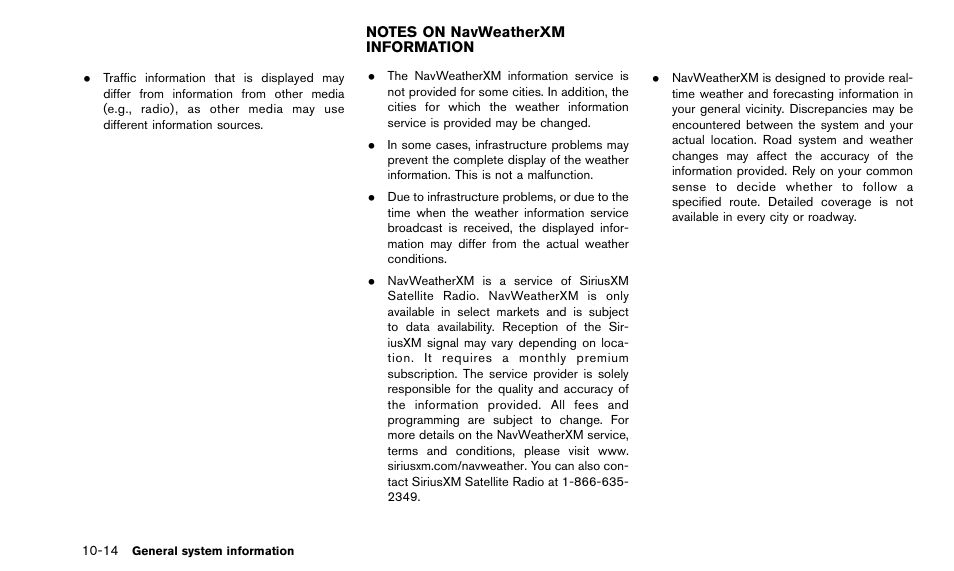 Notes on navweatherxm information -14 | NISSAN 2015 Quest - Navigation System Owner's Manual User Manual | Page 210 / 241