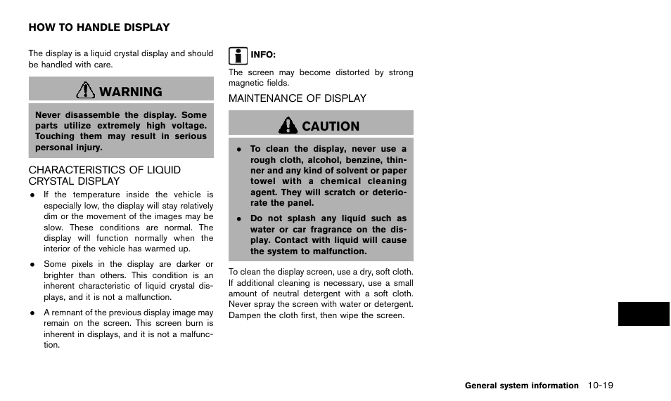 How to handle display -19, Warning, Caution | NISSAN 2015 Quest - Navigation System Owner's Manual User Manual | Page 215 / 241
