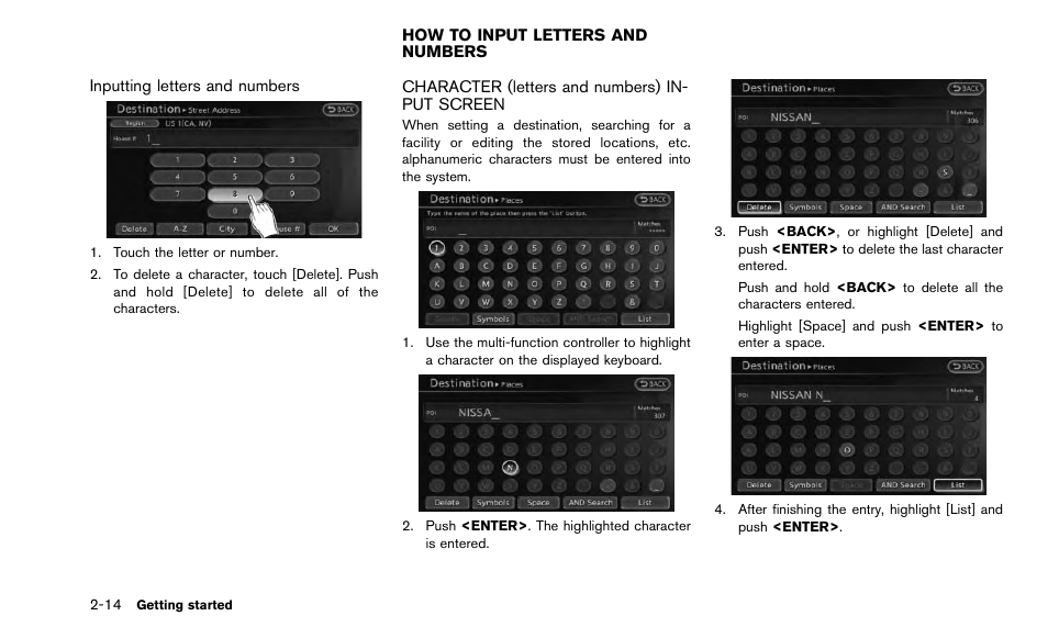 How to input letters and numbers -14, Character (letters and numbers) input screen -14 | NISSAN 2015 Quest - Navigation System Owner's Manual User Manual | Page 22 / 241
