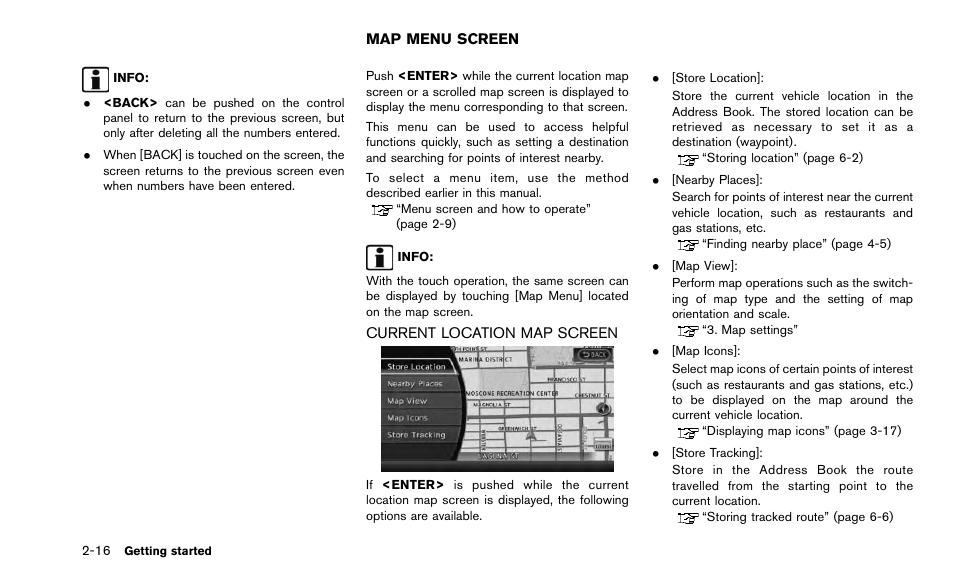 Map menu screen -16, Current location map screen -16 | NISSAN 2015 Quest - Navigation System Owner's Manual User Manual | Page 24 / 241