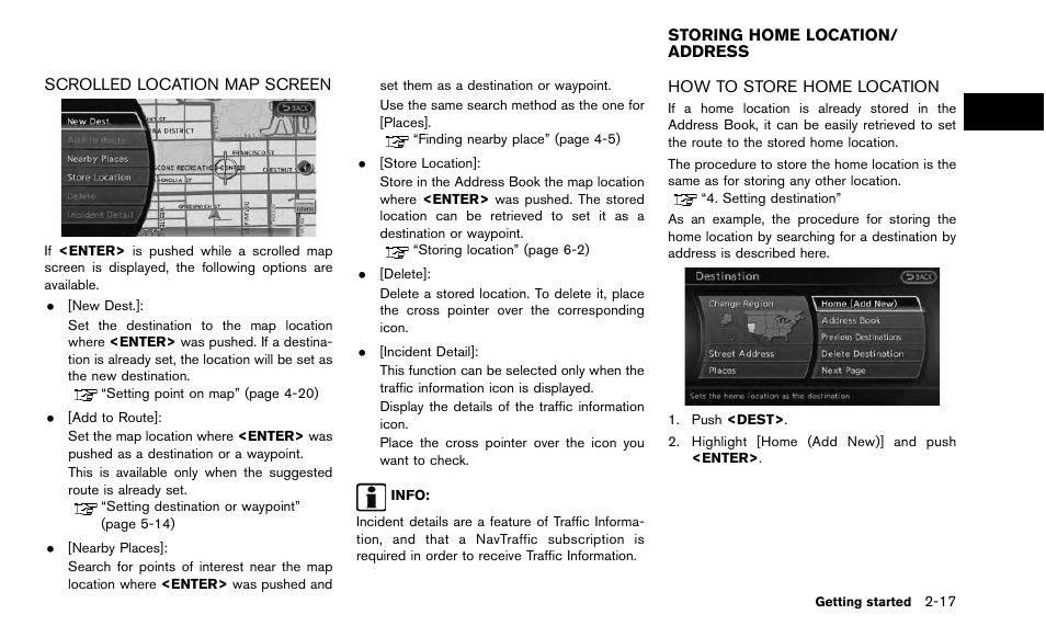 Scrolled location map screen -17, Storing home location/address -17, How to store home location -17 | NISSAN 2015 Quest - Navigation System Owner's Manual User Manual | Page 25 / 241