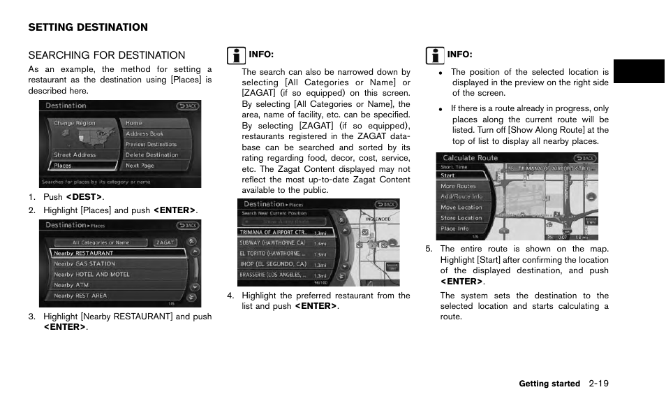 Setting destination -19, Searching for destination -19 | NISSAN 2015 Quest - Navigation System Owner's Manual User Manual | Page 27 / 241