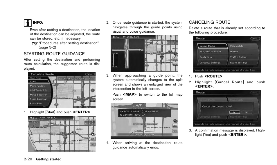 Starting route guidance -20 canceling route -20 | NISSAN 2015 Quest - Navigation System Owner's Manual User Manual | Page 28 / 241