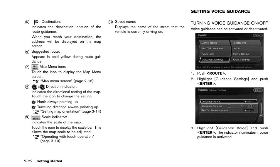Setting voice guidance -22, Turning voice guidance on/off -22 | NISSAN 2015 Quest - Navigation System Owner's Manual User Manual | Page 30 / 241
