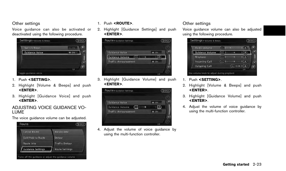 Adjusting voice guidance volume -23 | NISSAN 2015 Quest - Navigation System Owner's Manual User Manual | Page 31 / 241