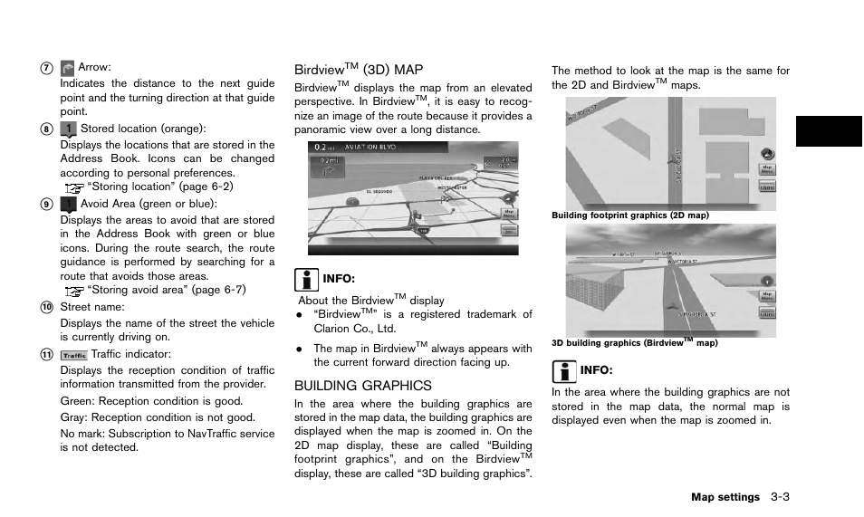 Birdview, 3d) map -3, Building graphics -3 | NISSAN 2015 Quest - Navigation System Owner's Manual User Manual | Page 43 / 241