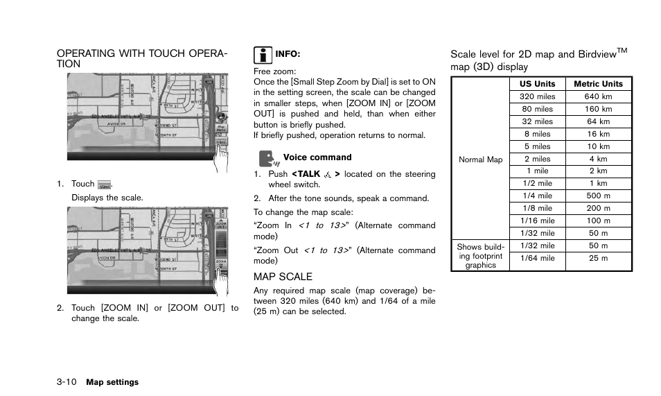 Operating with touch operation -10 map scale -10 | NISSAN 2015 Quest - Navigation System Owner's Manual User Manual | Page 50 / 241