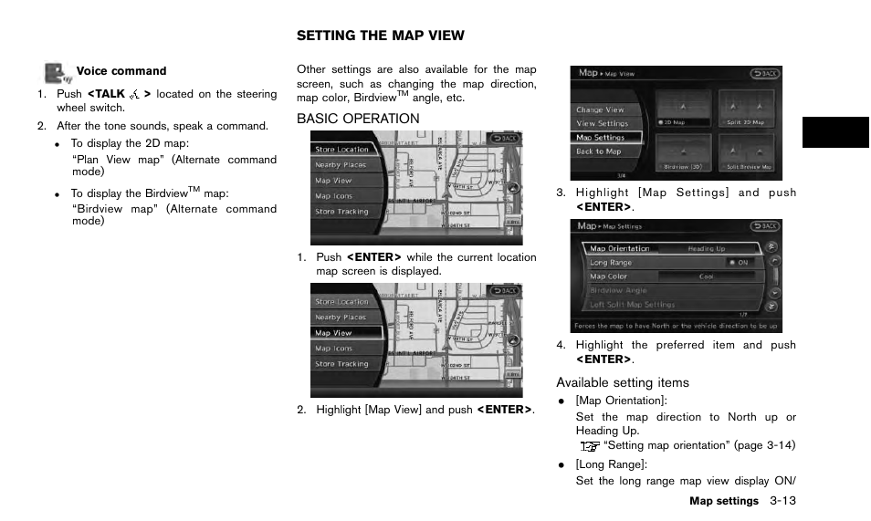 Setting the map view -13, Basic operation -13 | NISSAN 2015 Quest - Navigation System Owner's Manual User Manual | Page 53 / 241