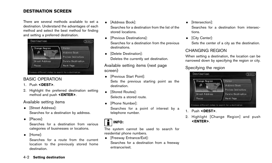 Destination screen -2, Basic operation -2 changing region -2 | NISSAN 2015 Quest - Navigation System Owner's Manual User Manual | Page 64 / 241