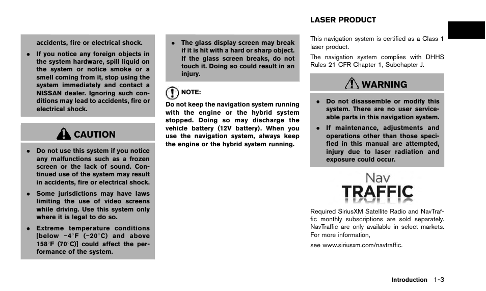 Laser product -3, Caution, Warning | NISSAN 2015 Quest - Navigation System Owner's Manual User Manual | Page 7 / 241