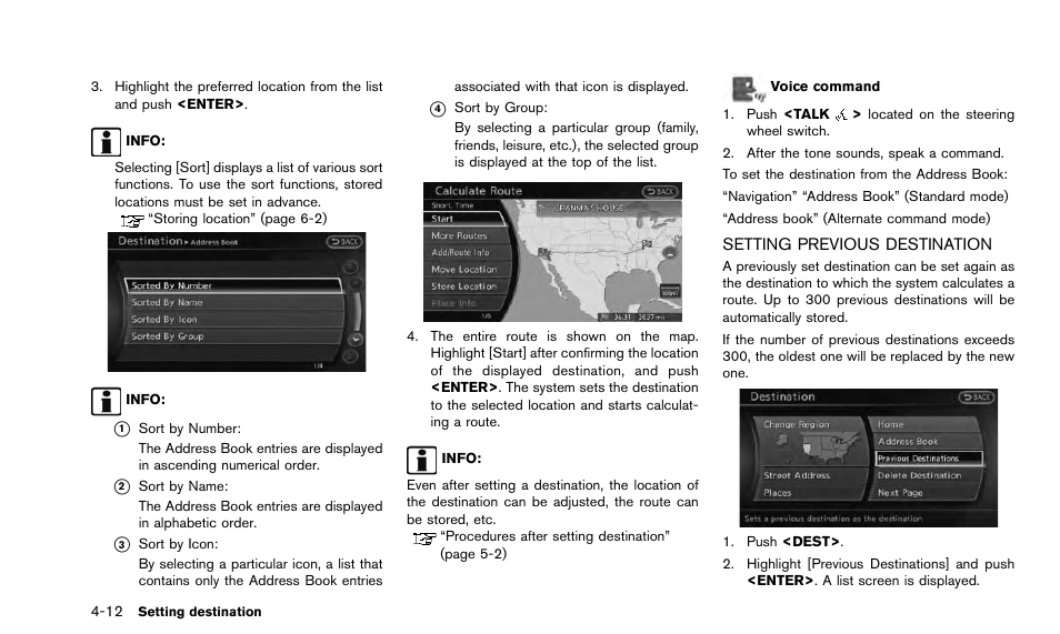 Setting previous destination -12 | NISSAN 2015 Quest - Navigation System Owner's Manual User Manual | Page 74 / 241