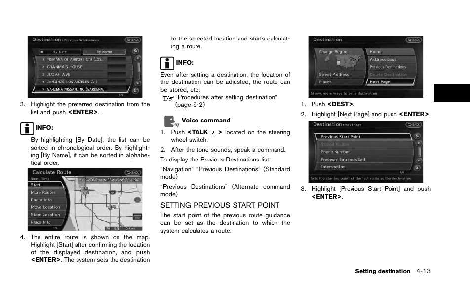 Setting previous start point -13 | NISSAN 2015 Quest - Navigation System Owner's Manual User Manual | Page 75 / 241