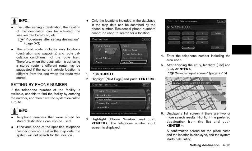 Setting by phone number -15 | NISSAN 2015 Quest - Navigation System Owner's Manual User Manual | Page 77 / 241