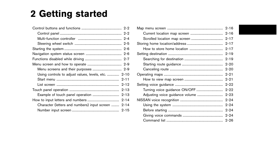 Getting started, 2 getting started | NISSAN 2015 Quest - Navigation System Owner's Manual User Manual | Page 9 / 241
