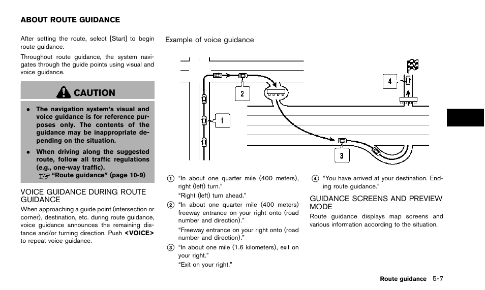 About route guidance -7, Caution | NISSAN 2015 Quest - Navigation System Owner's Manual User Manual | Page 91 / 241
