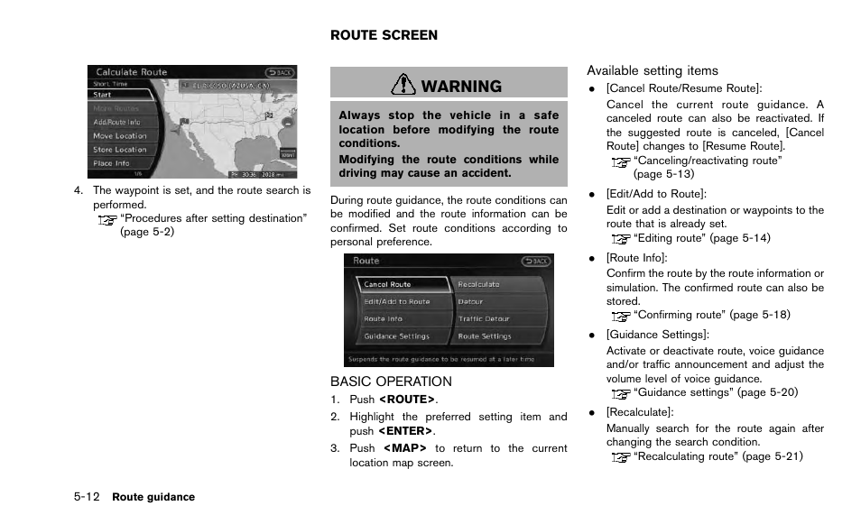 Route screen -12, Basic operation -12, Warning | NISSAN 2015 Quest - Navigation System Owner's Manual User Manual | Page 96 / 241