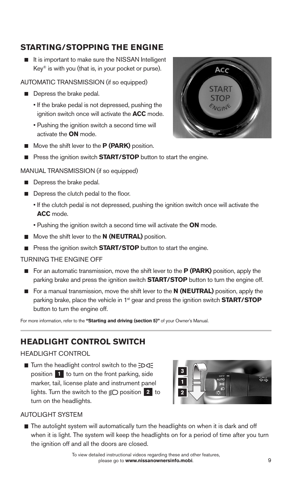 Starting/stopping the engine, Headlight control switch | NISSAN 2015 370Z Roadster - Quick Reference Guide User Manual | Page 11 / 24