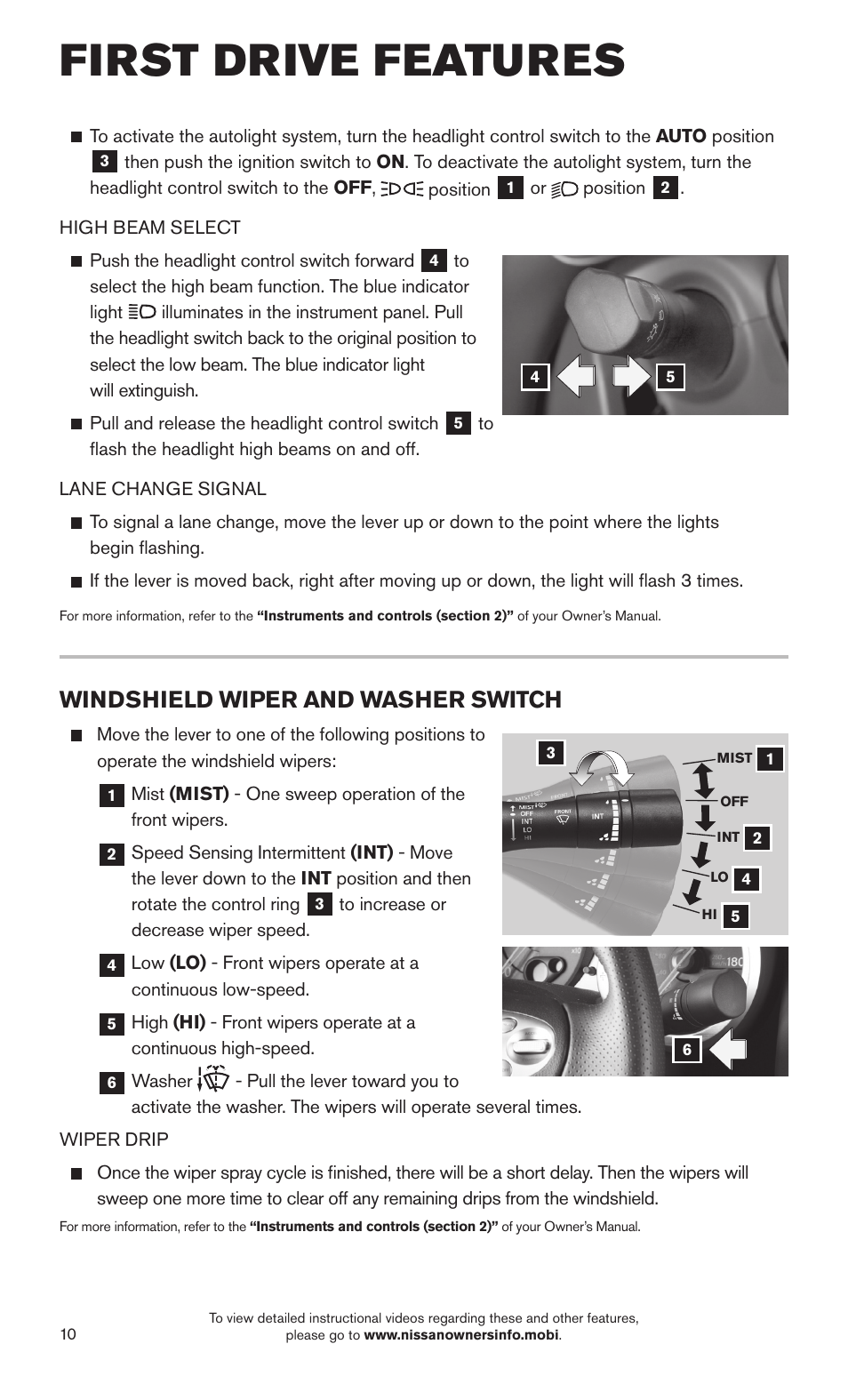 First drive features, Windshield wiper and washer switch | NISSAN 2015 370Z Roadster - Quick Reference Guide User Manual | Page 12 / 24