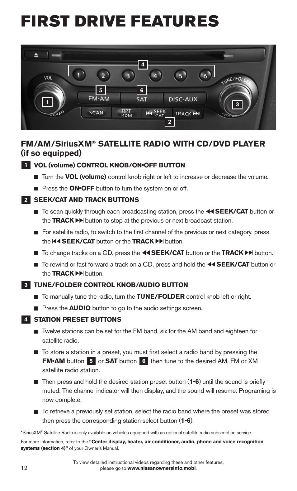 First drive features, Fm/am/siriusxm | NISSAN 2015 370Z Roadster - Quick Reference Guide User Manual | Page 14 / 24