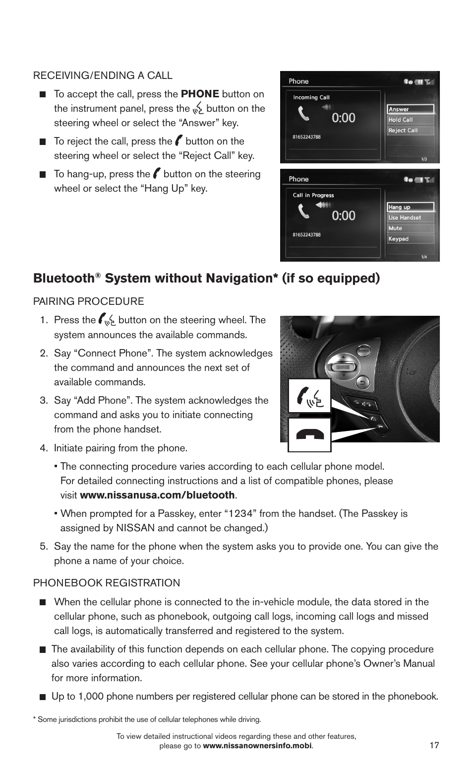 Bluetooth, System without navigation* (if so equipped) | NISSAN 2015 370Z Roadster - Quick Reference Guide User Manual | Page 19 / 24