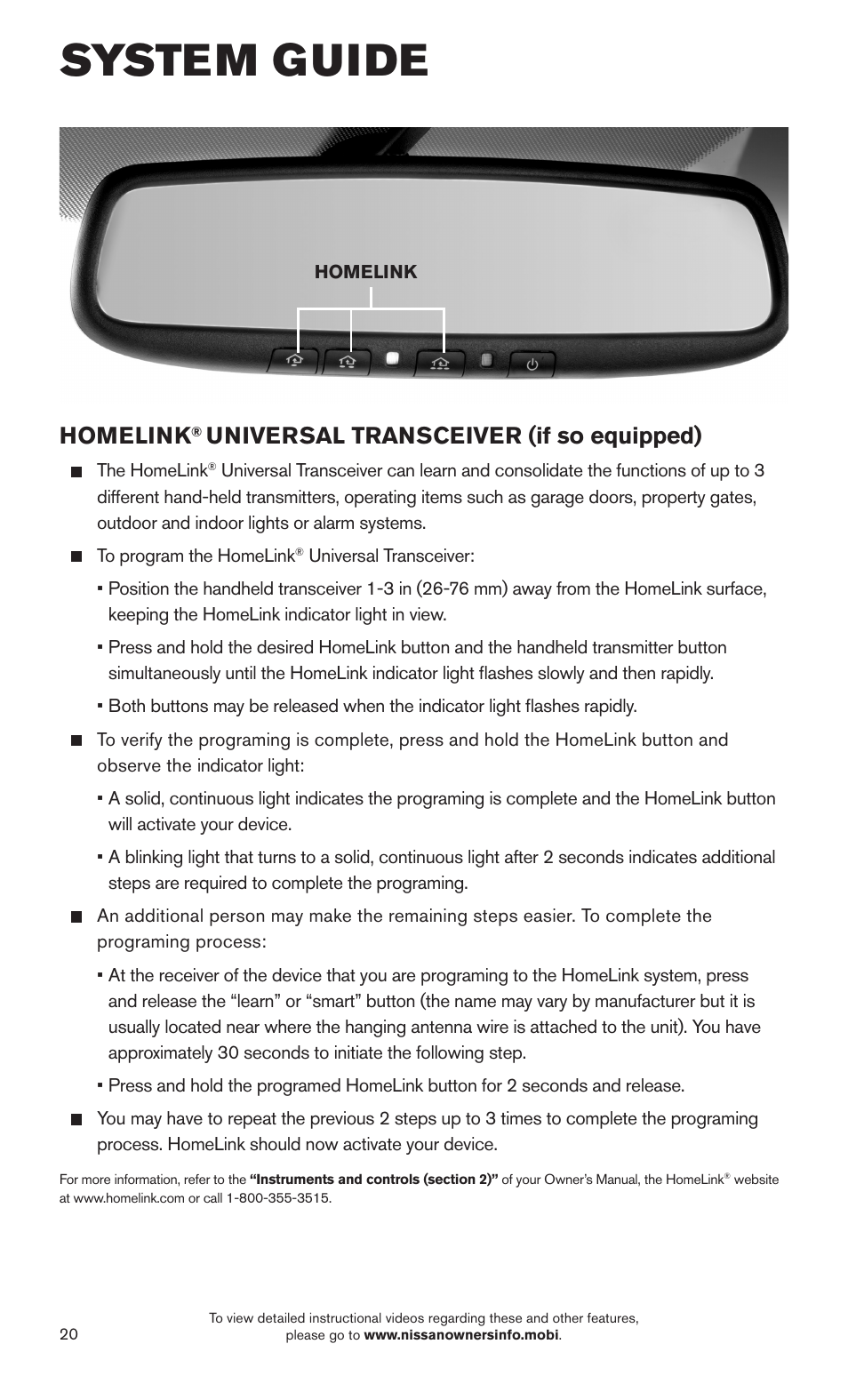 System guide, Homelink, Universal transceiver (if so equipped) | NISSAN 2015 370Z Roadster - Quick Reference Guide User Manual | Page 22 / 24