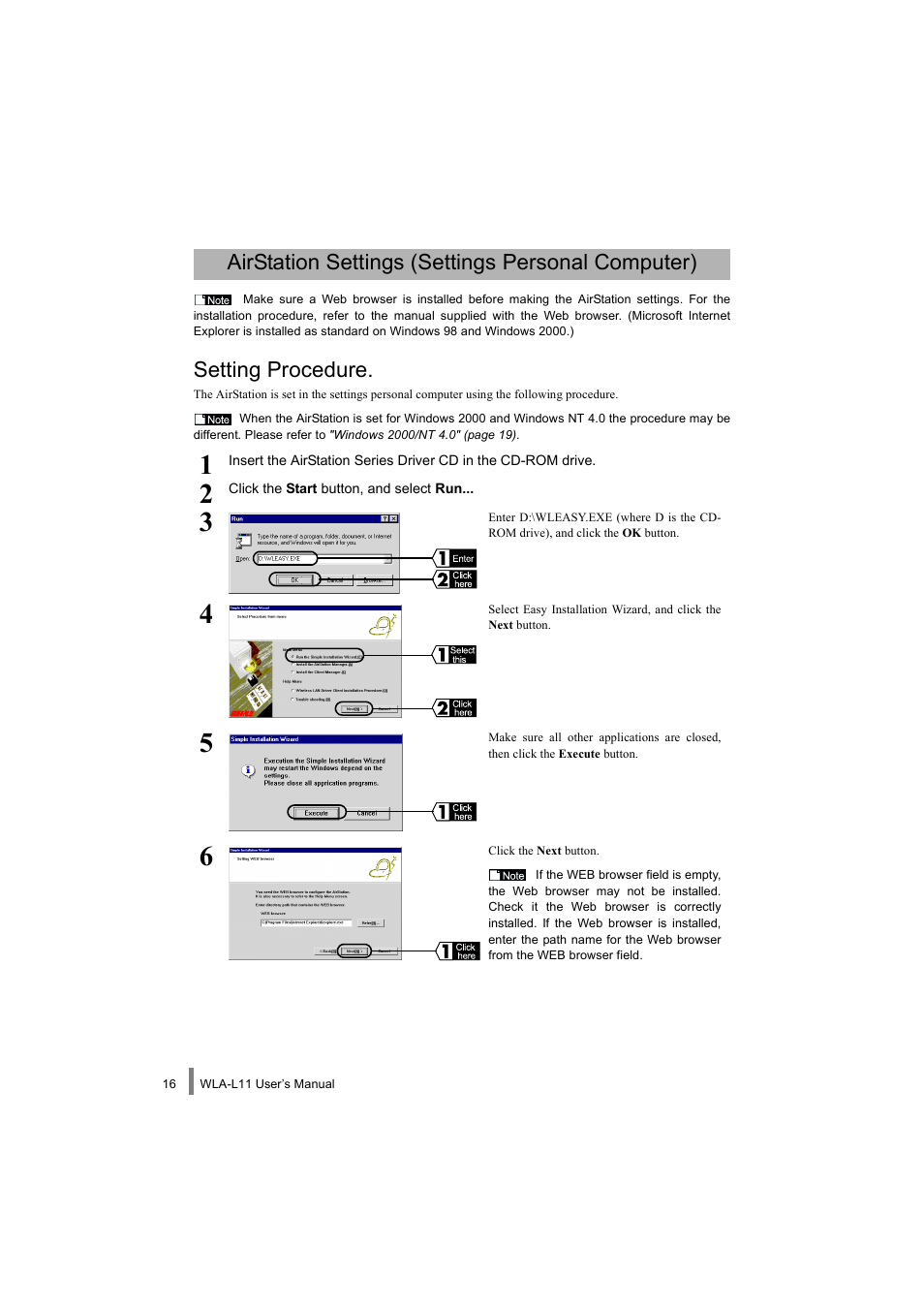 Airstation settings (settings personal computer), Setting procedure | Buffalo Technology WLA-L11 User Manual | Page 18 / 68