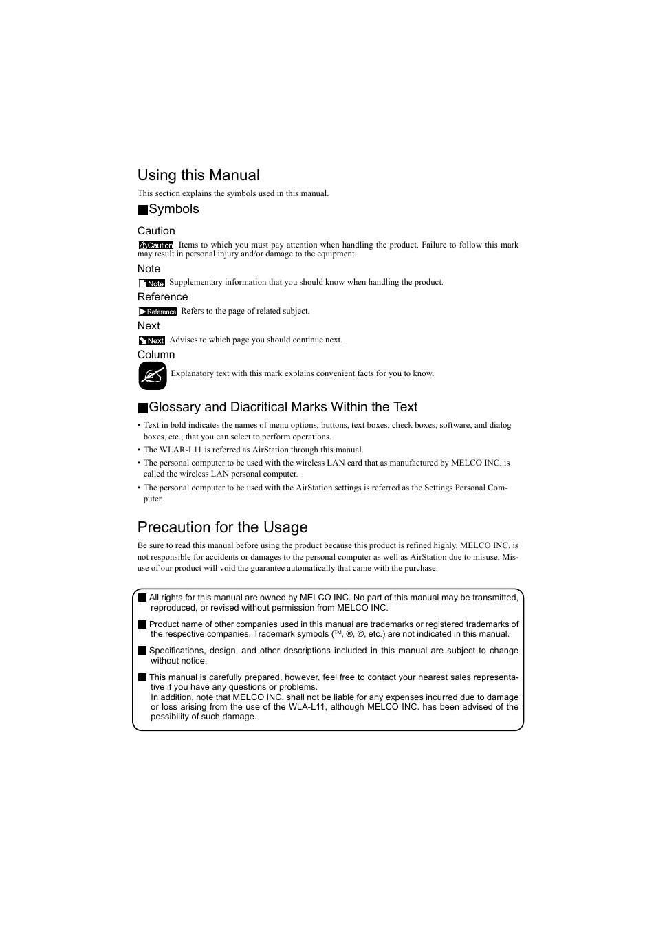 Using this manual, Precaution for the usage, Symbols | Glossary and diacritical marks within the text | Buffalo Technology WLA-L11 User Manual | Page 2 / 68