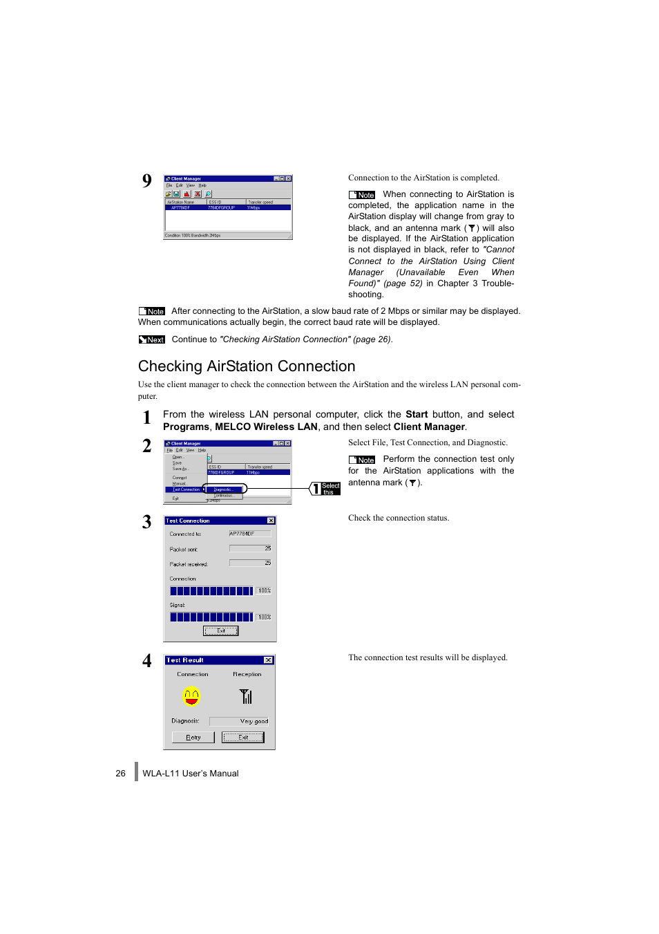 Checking airstation connection | Buffalo Technology WLA-L11 User Manual | Page 28 / 68