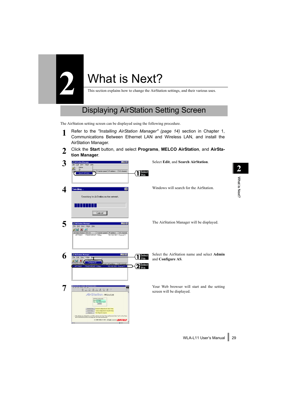 What is next, Displaying airstation setting screen | Buffalo Technology WLA-L11 User Manual | Page 31 / 68