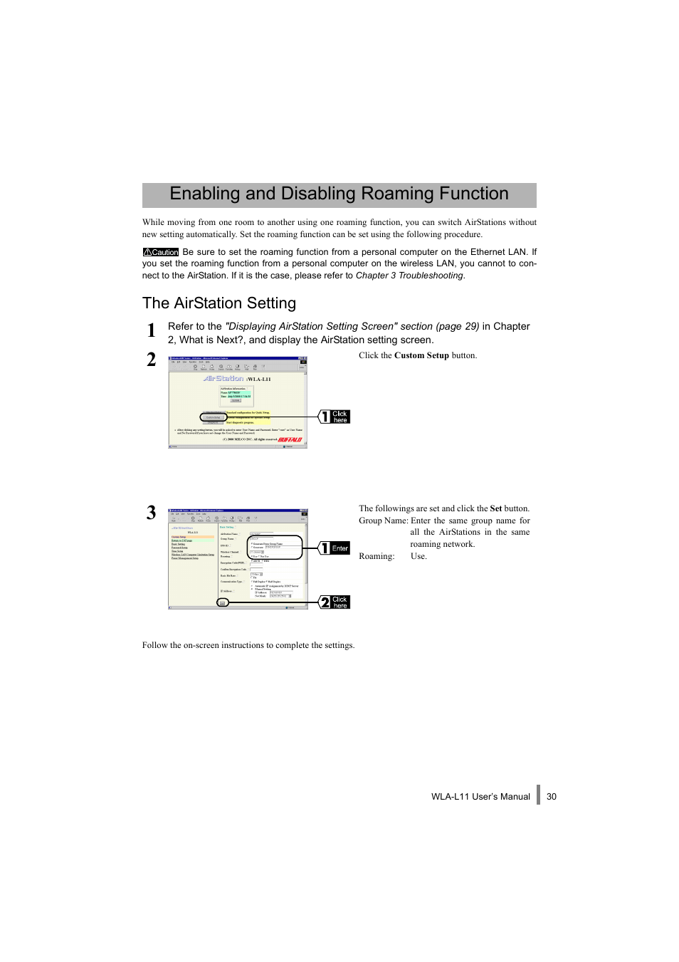 Enabling and disabling roaming function, The airstation setting | Buffalo Technology WLA-L11 User Manual | Page 32 / 68