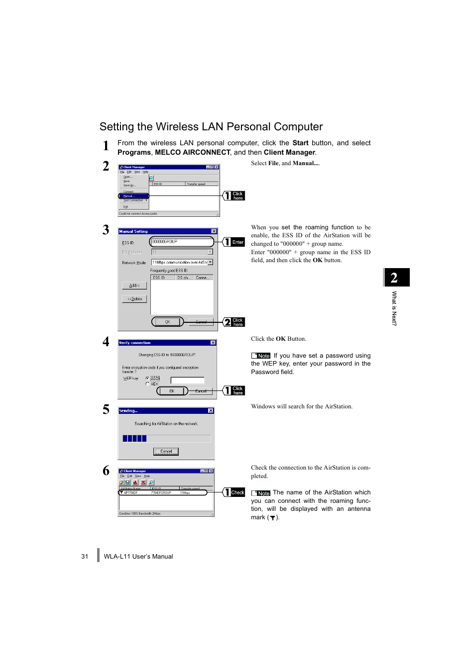 Setting the wireless lan personal computer | Buffalo Technology WLA-L11 User Manual | Page 33 / 68