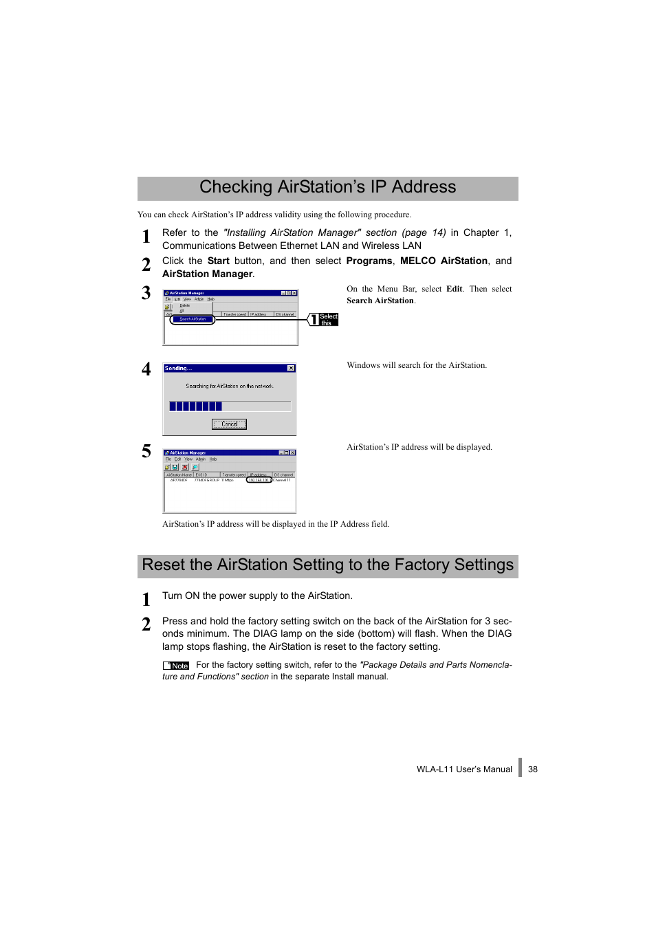 Checking airstation’s ip address | Buffalo Technology WLA-L11 User Manual | Page 40 / 68