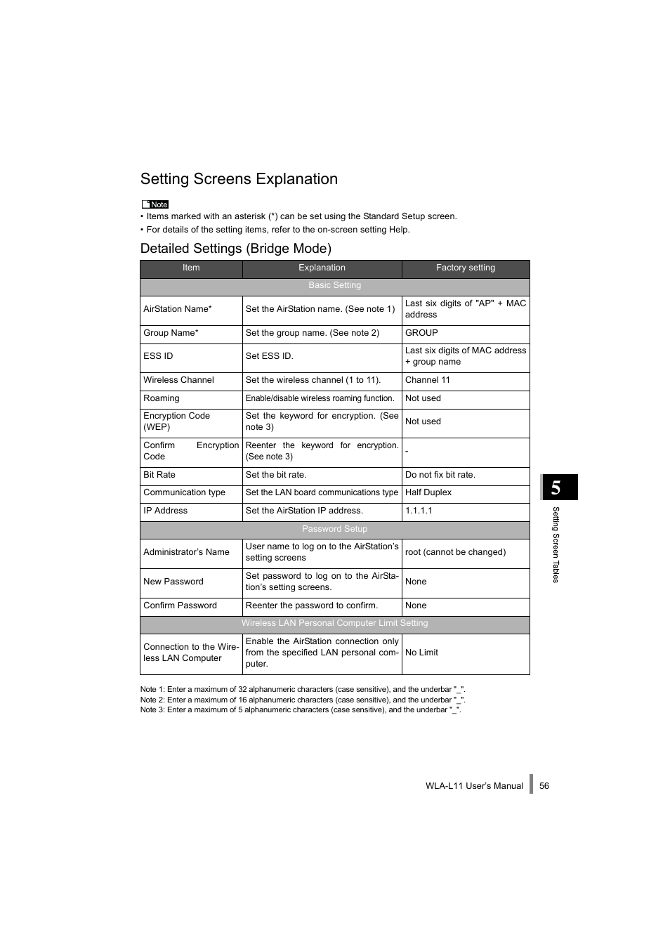 Basic setting(p56), Password setup(p56), Wireless lan personal computer limit setting(p56) | Setting screens explanation, Detailed settings (bridge mode) | Buffalo Technology WLA-L11 User Manual | Page 58 / 68