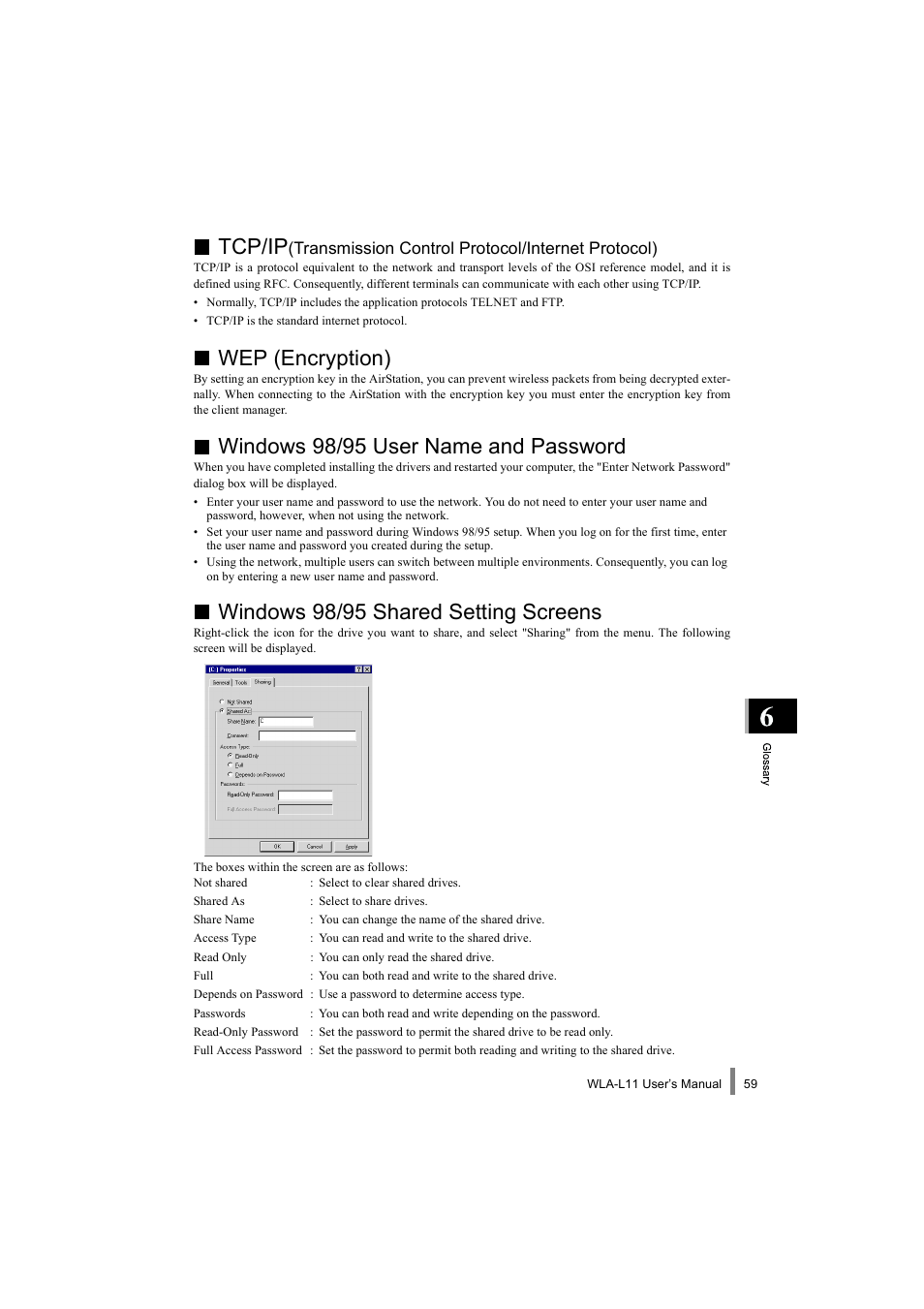 Tcp/ip, Wep (encryption), Windows 98/95 user name and password | Windows 98/95 shared setting screens, Transmission control protocol/internet protocol) | Buffalo Technology WLA-L11 User Manual | Page 61 / 68