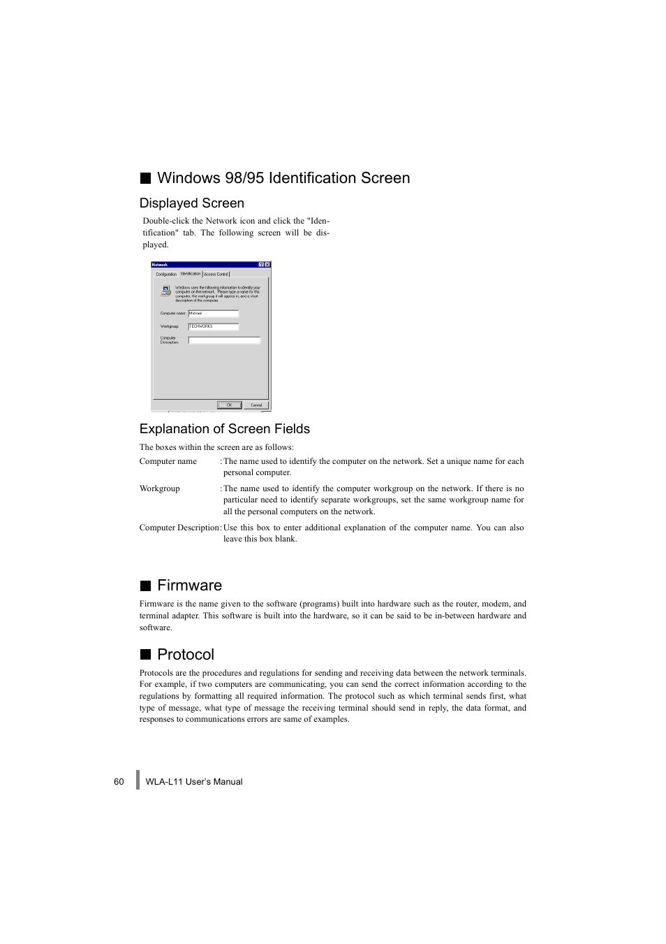 Windows 98/95 identification screen, Firmware, Protocol | Displayed screen explanation of screen fields | Buffalo Technology WLA-L11 User Manual | Page 62 / 68