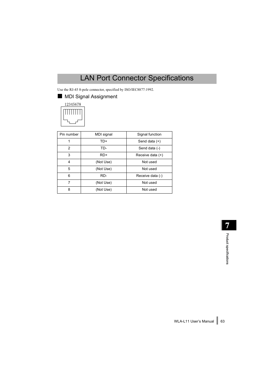 Lan port connector specifications, Mdi signal assignment | Buffalo Technology WLA-L11 User Manual | Page 65 / 68