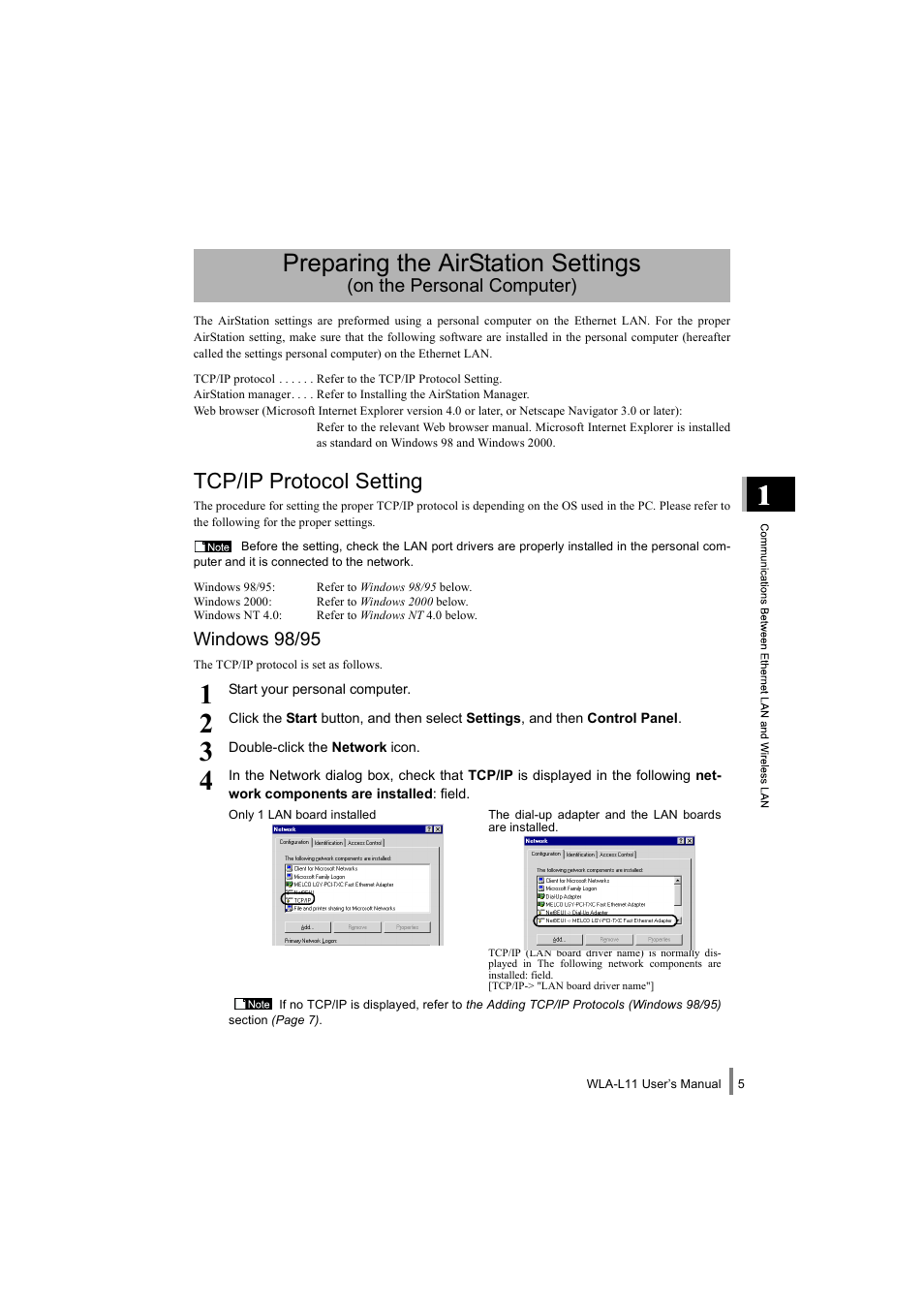 Preparing the airstation settings, On the personal computer), Tcp/ip protocol setting | Windows 98/95 | Buffalo Technology WLA-L11 User Manual | Page 7 / 68
