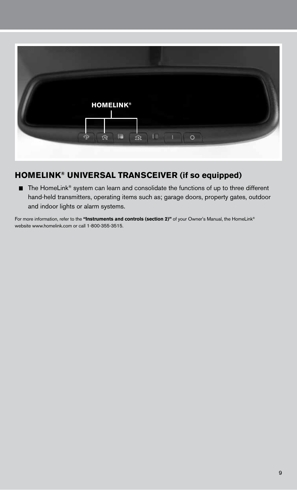 Homelink, Universal transceiver (if so equipped) | NISSAN 2011 Altima Sedan - Quick Reference Guide User Manual | Page 11 / 12