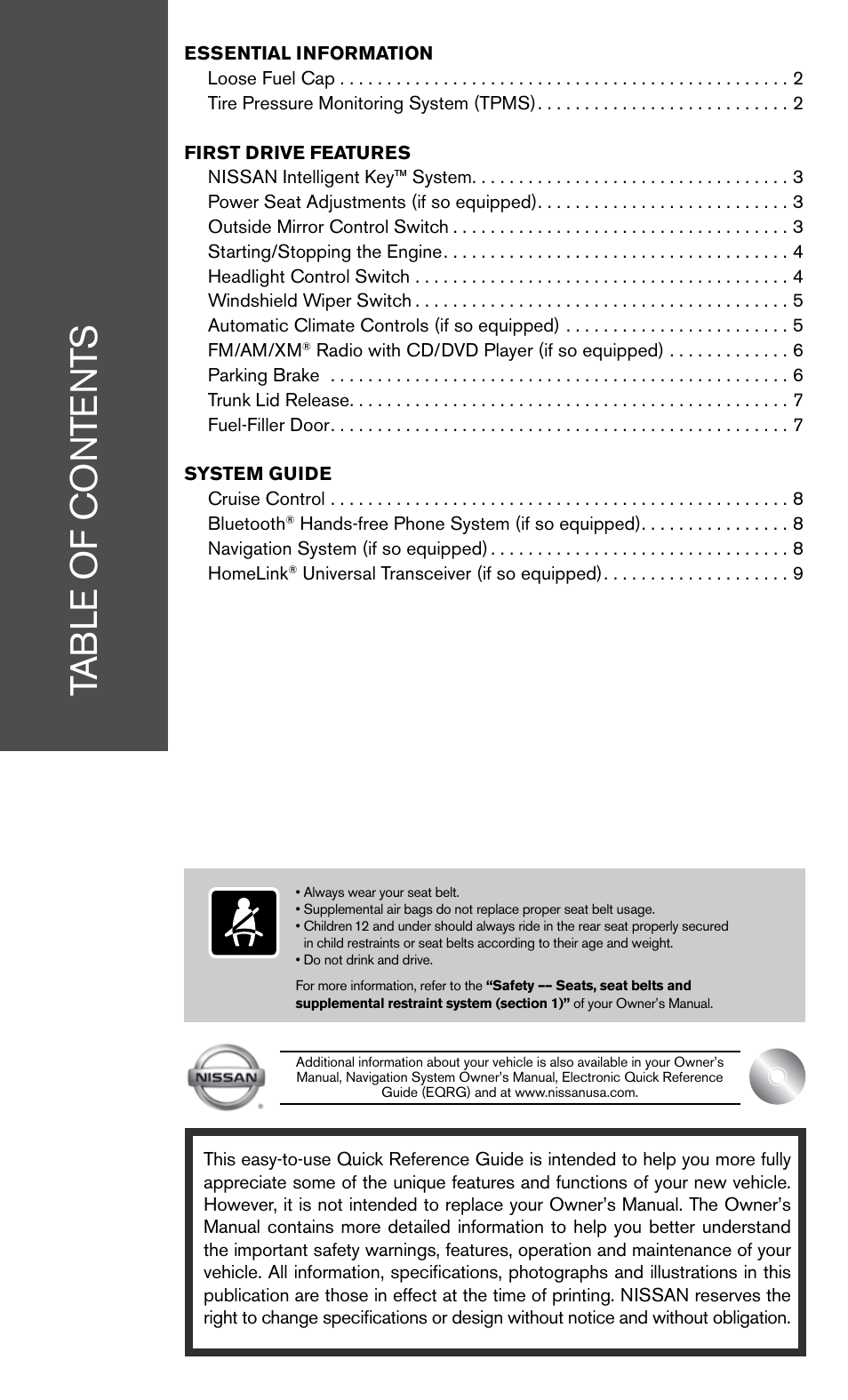 NISSAN 2011 Altima Sedan - Quick Reference Guide User Manual | Page 3 / 12