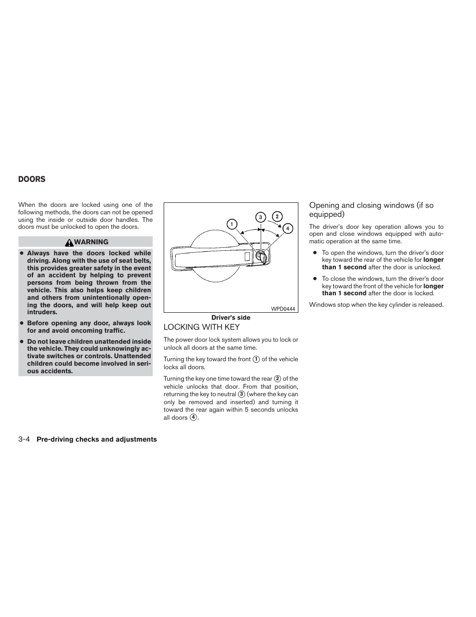 Doors -4, Locking with key -4 | NISSAN 2012 Altima Sedan - Owner's Manual User Manual | Page 137 / 454