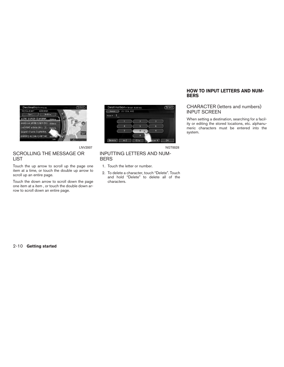 How to input letters and numbers -10, Character (letters and numbers) input screen -10 | NISSAN 2012 Altima Sedan - Navigation System Owner's Manual User Manual | Page 18 / 313