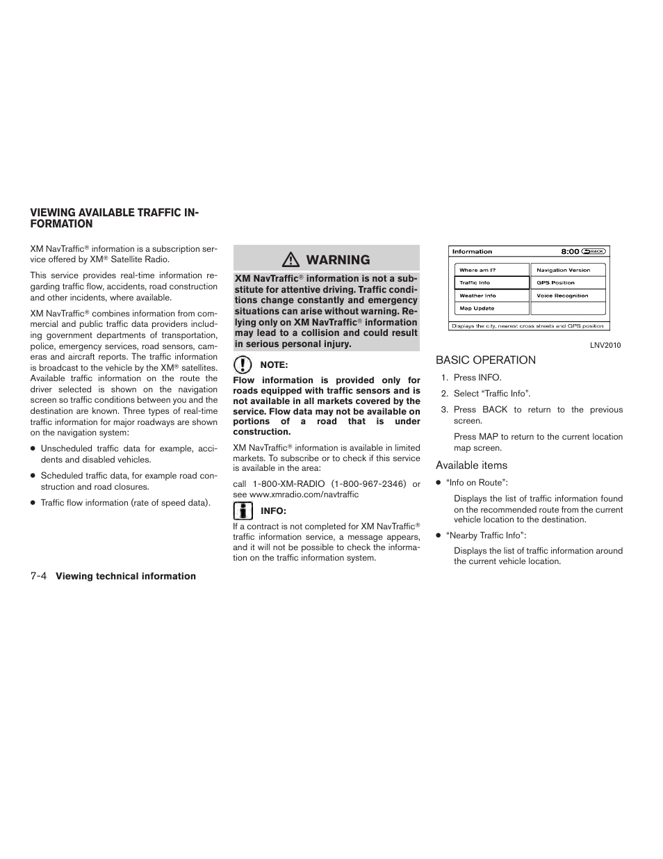Viewing available traffic information -4, Basic operation -4, Warning | NISSAN 2012 Altima Sedan - Navigation System Owner's Manual User Manual | Page 190 / 313
