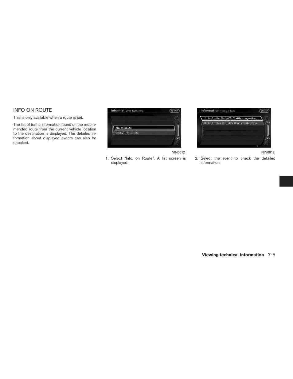 Info on route -5 | NISSAN 2012 Altima Sedan - Navigation System Owner's Manual User Manual | Page 191 / 313