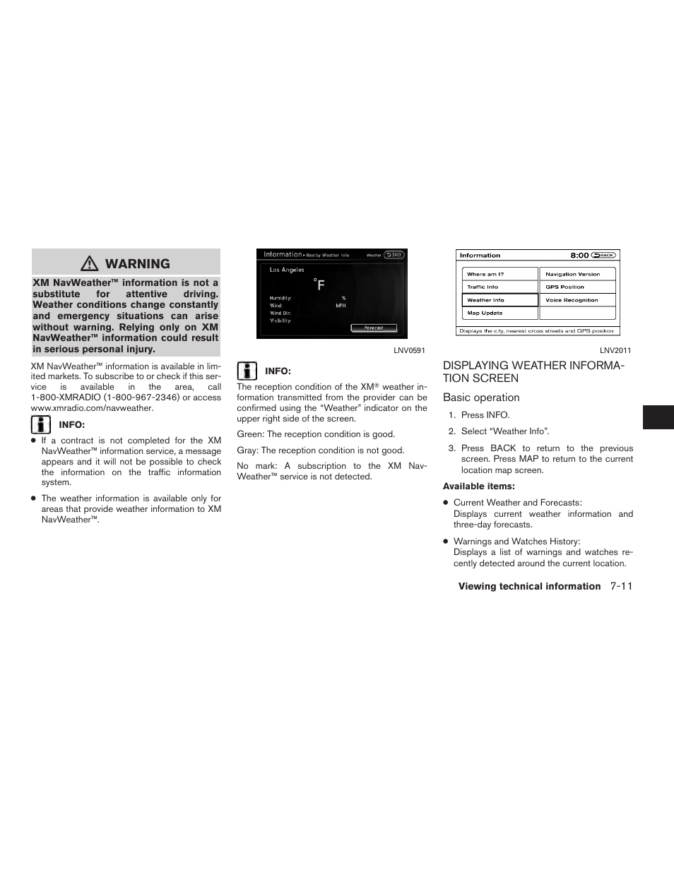 Displaying weather information screen -11, Warning | NISSAN 2012 Altima Sedan - Navigation System Owner's Manual User Manual | Page 197 / 313